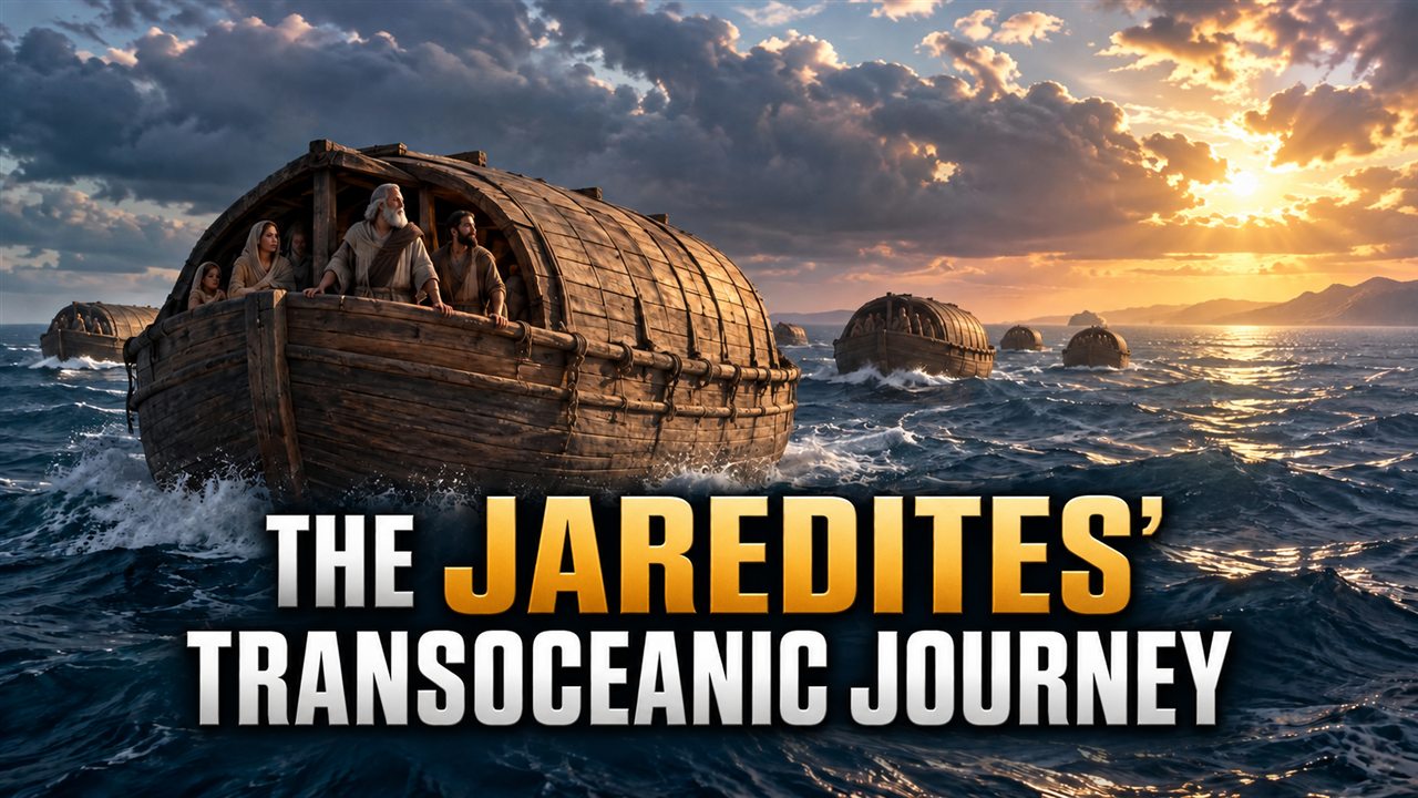 Illustration of ancient wooden barges crossing the ocean during the Jaredites' journey.